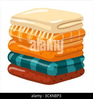 Pile de couvertures pliées dans un style confortable. Eléments pour décoration intérieure. Illustration isolée de vecteur de dessin animé sur fond blanc. Illustration de Vecteur