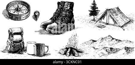Ensemble d'aventure de camping gravé vintage avec carte de boussole et matériel de randonnée. Illustration de Vecteur