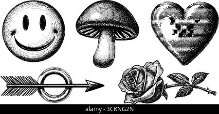 Collection d'icônes gravées avec visage souriant, coeur, champignon, flèche et rose design pour des projets d'art. Illustration de Vecteur