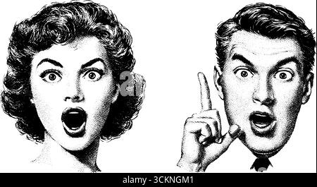 Ensemble d'illustrations gravées vintage mettant en vedette des expressions surprises d'une femme et d'un homme. Illustration de Vecteur