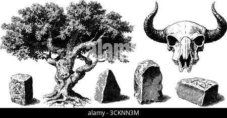 Illustration gravée complexe d'un arbre nordique yggdrasil avec des pierres runiques et un crâne corné. Illustration de Vecteur