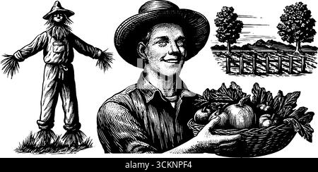 Ensemble d'illustration gravé de fermier avec panier de récolte, épouvantail et paysage de ferme. Illustration de Vecteur
