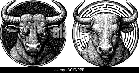 Illustrations gravées complexes de minotaures et de têtes de taureau dans des motifs circulaires pour les amateurs de mythologie et d'art. Illustration de Vecteur