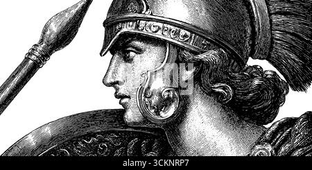 Illustration gravée d'athéna dans l'armure de bataille - concept de guerrier grec antique pour la conception historique. Illustration de Vecteur