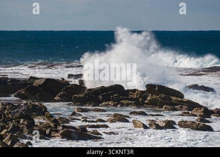 Les vagues dynamiques de l'océan Pacifique éclaboussent vigoureusement contre les rochers, créant une vue spectaculaire et pittoresque sur la côte. La scène capture la puissance et le mouvement de Banque D'Images