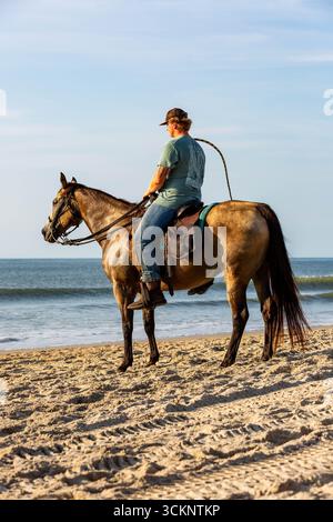 Un homme et son cheval regardent l'océan Atlantique depuis la plage d'Assateague Island National Seashore en Virginie, aux États-Unis. Banque D'Images