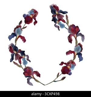 Couronne aquarelle Bordeaux et iris bleu. Cadre rond de fleurs d'iris stylisées sur fond blanc. Parfait pour les motifs floraux, invitations élégantes, o Banque D'Images