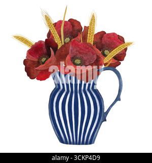 Bouquet de blé de pavot aquarelle dans un vase rayé. Coquelicots rouges blé doré dans un vase blanc bleu, isolé sur blanc. Parfait pour les designs d'été, récolte il Banque D'Images