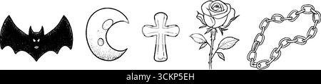 Collection de croquis originaux avec des motifs chauve-souris, lune, croix, rose et chaîne. Illustration de Vecteur