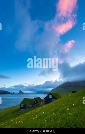 Vue sur les maisons typiques des îles féroé avec de l'herbe sur le toit près du village de Bøur. Bour, Île de Vagar, Îles Féroé, Danemark. Banque D'Images