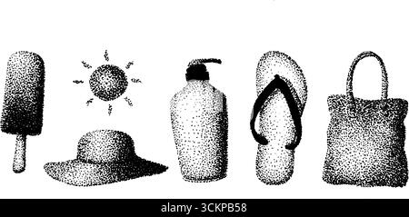 Illustrations complexes à l'encre pointillée des essentiels de l'été pour le design et la décoration. Illustration de Vecteur