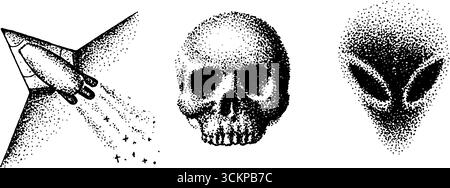 Exploration cosmique et mystères : Spaceship, Skull, and Alien in Detailed Ink stipple compris Illustration de Vecteur