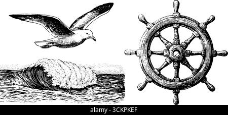 Illustration d'éléments nautiques avec ancre, roue de navire et vague océanique. Illustration de Vecteur