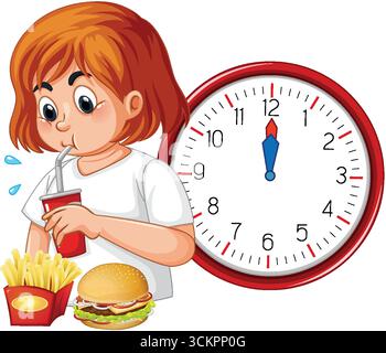 Illustration vectorielle de l'enfant roux mangeant hamburger, frites et soda à midi avec horloge. Illustration de Vecteur