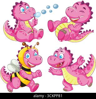 Quatre dinosaures de bande dessinée roses dans des poses ludiques, des couleurs vibrantes, illustration vectorielle propre, fond blanc Illustration de Vecteur