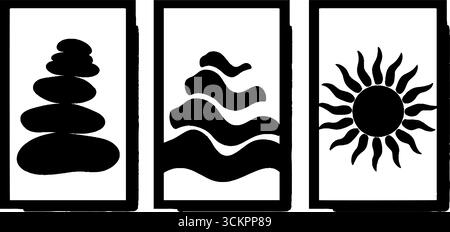 Art abstrait minimaliste avec pile de pierres, lignes de vagues et motifs de soleil. Illustration de Vecteur