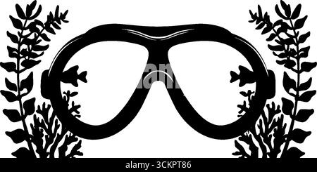 Concept d'aventure sous-marine avec palmes de plongée et lunettes mettant en vedette des silhouettes de poissons et d'algues. Illustration de Vecteur