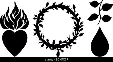 Symboles de cœur sacré avec couronne d'épines et dessins de flamme pour l'art spirituel et l'inspiration. Illustration de Vecteur