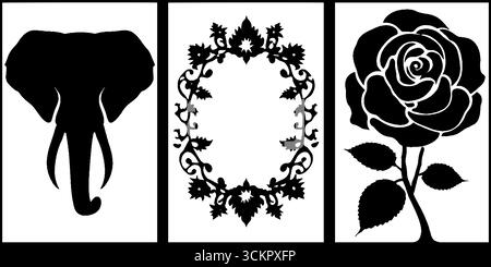 Trio artistique : silhouette d'éléphant, cadre floral mandala et élégant motif rose. Illustration de Vecteur