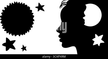 Visage de femme abstrait avec des éléments de lune et d'étoiles pour un design artistique surréaliste. Illustration de Vecteur