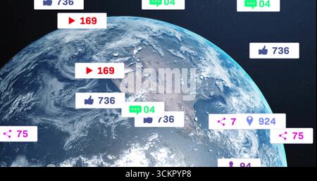Affichage du globe terrestre numérique tournant dans l'espace, avec des icônes flottantes de notification de médias sociaux Banque D'Images