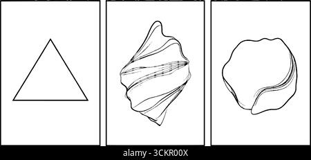 Ensemble de dessins au trait géométriques et abstraits, ornés de triangles empilés et de formes organiques. Illustration de Vecteur