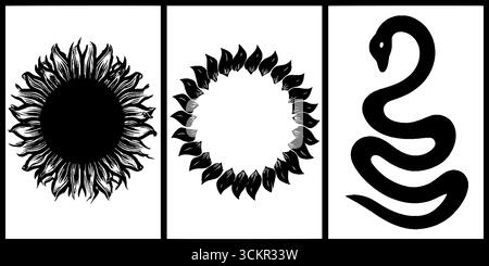 Symboles de mythologie nordique : silhouette yggdrasil, anneau de rune et motif serpent pour les imprimés. Illustration de Vecteur