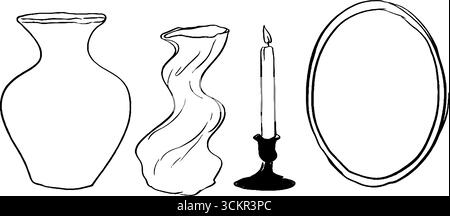 Ensemble d'art au trait minimaliste avec vases en céramique, bougeoir et miroirs. Illustration de Vecteur