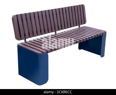 Banc en bois moderne vide avec des supports bleus isolés sur fond transparent, parfait pour les projets de design urbain Banque D'Images