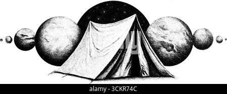Scène de camping cosmique avec tente et ciel étoilé dans la conception de style tatouage dotwork. Illustration de Vecteur