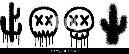 Ambiances désertiques urbaines : graffitis de cactus et de crâne avec influence du rayon de soleil pour un design contemporain. Illustration de Vecteur