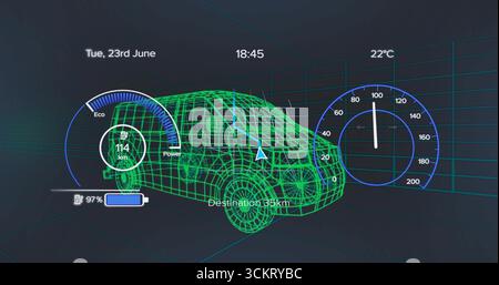 Affichage du modèle de voiture filaire en grille 3D avec indicateur d'économie d'énergie, compteur de vitesse et flèche de navigation Banque D'Images