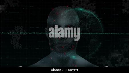 Buste masculin en cours de balayage dans l'interface biométrique, avec des points de repère rouges, ligne de balayage verte Banque D'Images