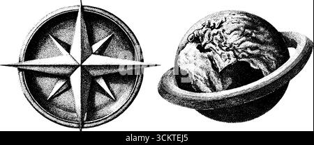 Design de tatouage en pointillés vintage globe et rose boussole pour la navigation et les thèmes d'exploration. Illustration de Vecteur