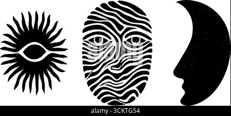 Design minimaliste noir et blanc avec horloge, lune et bulles de pensée. Illustration de Vecteur