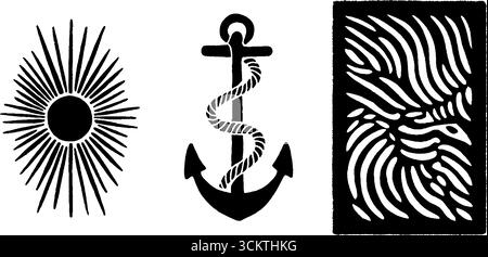 Éléments de conception nautique avec rose de boussole, noeud de corde et ancre pour les thèmes maritimes. Illustration de Vecteur