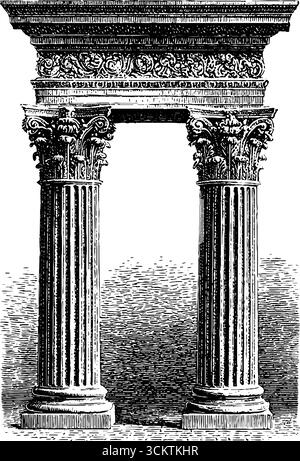 Gravure vintage de cadre de fronton en filigrane avec colonnes corinthiennes pour la conception d'architecture classique. Illustration de Vecteur