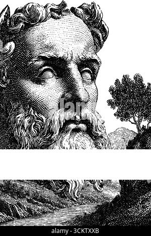 Scène gravée vintage avec figure mythologique et éléments de la nature dans le style de gravure. Illustration de Vecteur