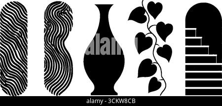 Dessins abstraits avec des formes de lanterne, des feuilles de lierre et des marches en pierre pour des projets créatifs. Illustration de Vecteur