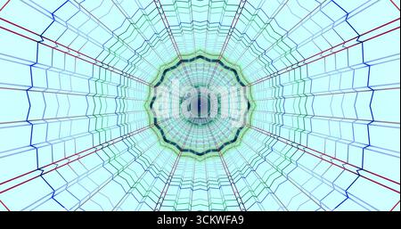 Un tunnel abstrait vibrant composé de motifs géométriques complexes en bleu, vert et rouge. La structure semble s'étendre dans l'infini, créant un M. Banque D'Images