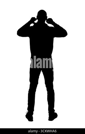 silhouette de vue arrière d'un homme couvrant ses oreilles du bruit sur fond blanc Banque D'Images