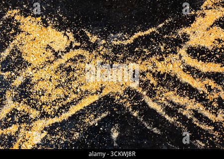 Petites particules de poussière d'or et de miettes de roche isolées sur un fond noir, gros plan Banque D'Images
