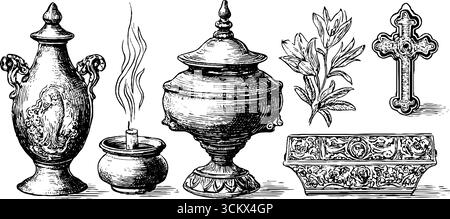 Encens baroques et objets de prière jaïn pour les rituels spirituels et le décor. Illustration de Vecteur