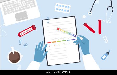 Test de pH sanguin. Vue de dessus Doctor Workplace avec tubes à essai, pilules et stéthoscope. Bilan médical. Illustration vectorielle dans le style de dessin animé plat Illustration de Vecteur