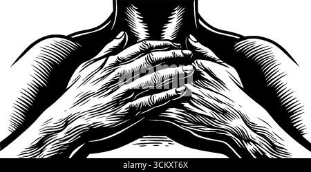 Mains pressées sur la poitrine exprimant chaleur et émotion dans un design noir et blanc détaillé. Illustration de Vecteur