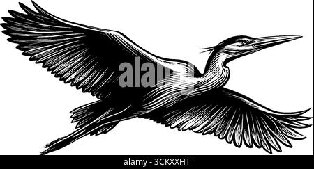 Majestueuse cigogne s'envole avec des ailes déployées en noir et blanc Illustration de Vecteur