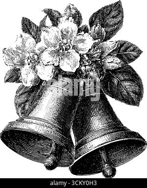 Cornerpiece de cloche de mariage vintage avec gravure florale pour des invitations élégantes. Illustration de Vecteur