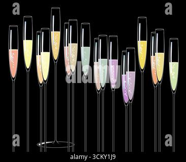 Vin mousseux et champagne bouillonnant dans de minces flûtes en cristal stemware sont vus sur un fond noir .. Il s'agit d'une illustration 3D. Banque D'Images