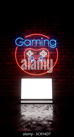 Ordinateur portable gamer au-dessus du sol grunge dans une pièce sombre avec des néons. Mur de briques en arrière-plan. Modèle d'affichage d'ordinateur moderne pour les maquettes, placez votre desig Banque D'Images