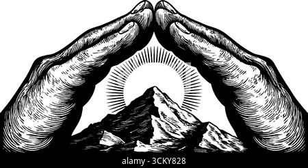Mains formant un triangle avec le soleil et l'illustration de montagne pour la conception symbolique. Illustration de Vecteur